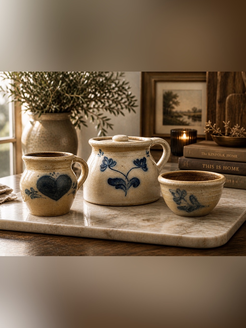 Artisan Stoneware Bowl Set Blue Floral Cottage Core Decor